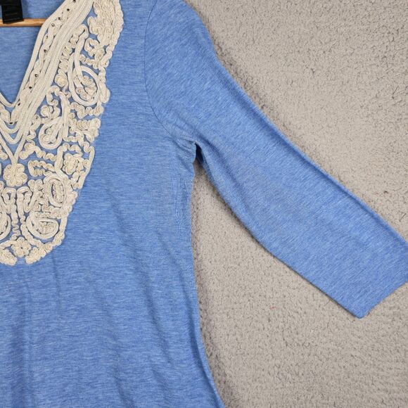 Ali Miles Womens Tunic M Blue Embroidered Ribbon Silver Stud Hem Soft Knit - Picture 6 of 9